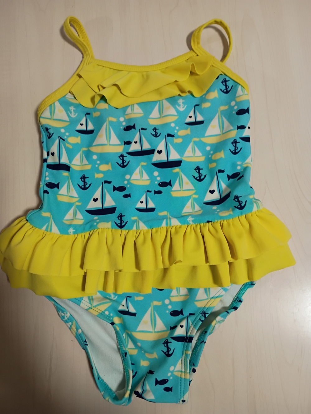Circo Yellow & Aqua Sailboat Ruffle One-Piece Swimsuit Size 2T